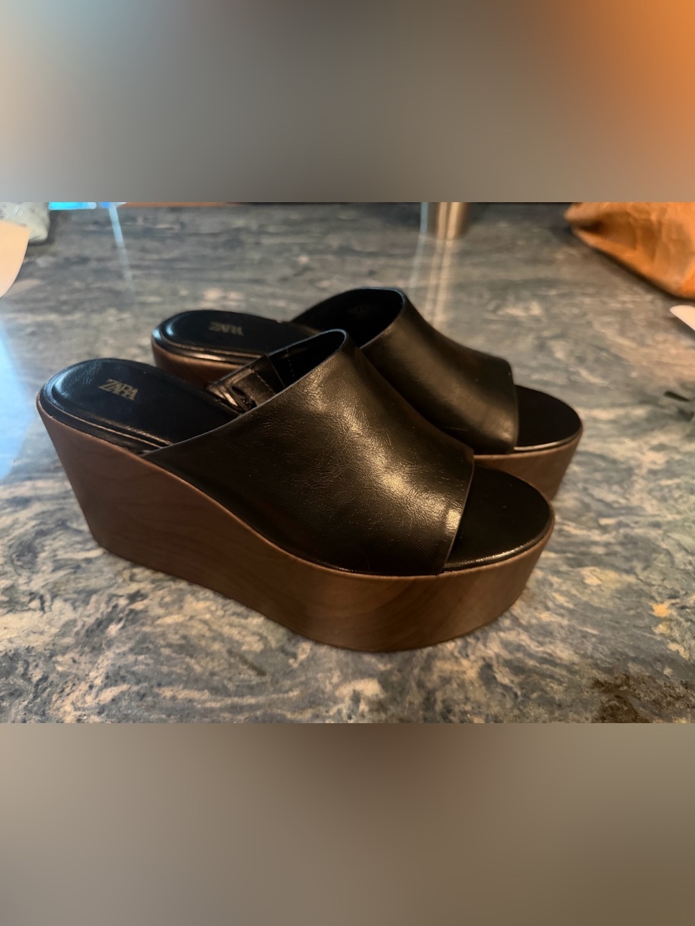 Zara Black Leather Platform Wedge Mules with Wood-Effect Sole